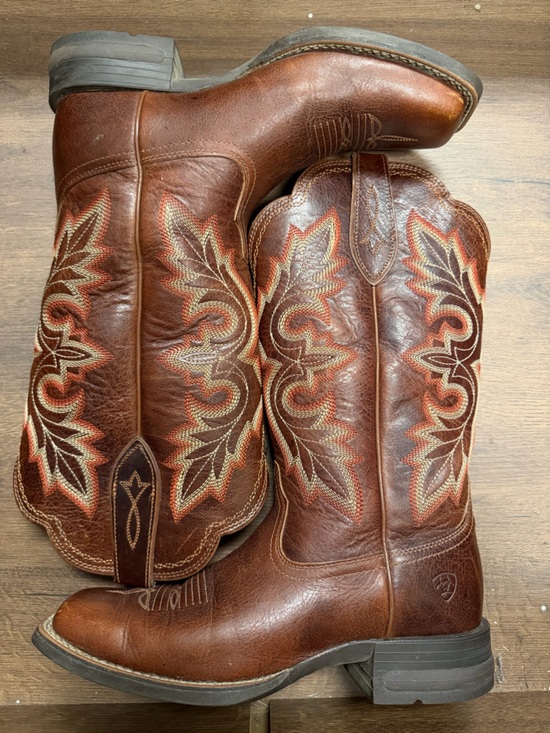 Ariat Shoes - Ariat Brown Leather Western Heeled Boots with Red & Cream Stitching